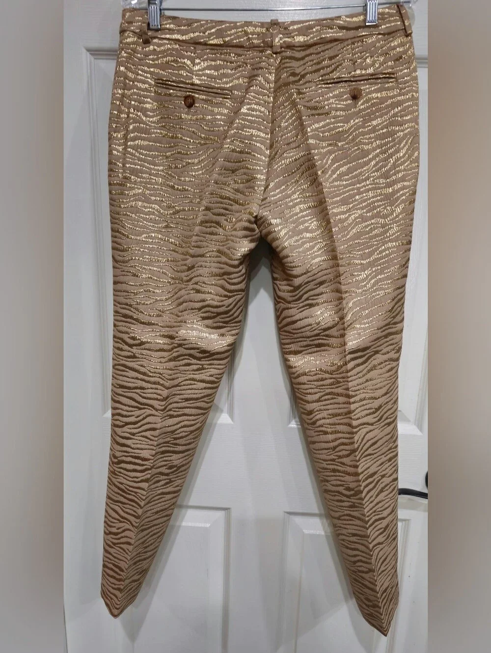 Michael Kors Beige Zebra-Print Skinny Pants with Gold Thread